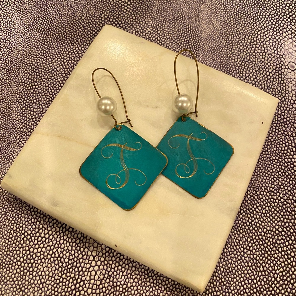 Turquoise and Pearl Gold Etched “T” Earrings